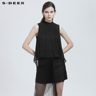 sdeer圣迪奥夏装休闲风琴，褶雪纺黑色，衬衫女设计感小众s21280606