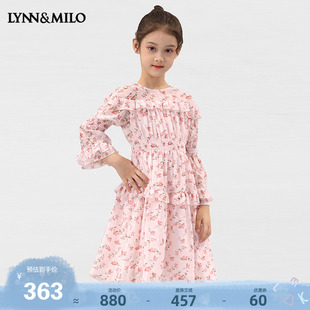 lynnmilo琳麦罗2023女童，连衣裙甜美雪纺碎花，打揽长袖儿童裙子