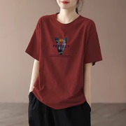 纯棉短袖t恤女夏季2024大红色印花宽松圆领显瘦休闲洋气上衣