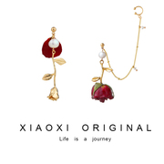 xiaoxi原创小王子玫瑰花，耳骨耳钉天然珍珠，手工真花不对称耳饰
