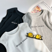2022夏儿童韩版无袖T恤女童宝宝字母刺绣无袖坑条小背心黑色白色