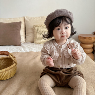 韩版秋装女童棉纱娃娃，领针织开衫上衣婴幼童，纯色百搭长袖毛衣外套