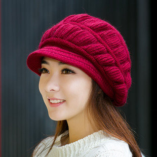 女士韩版秋冬天针织鸭舌贝雷帽子毛线帽兔毛帽潮冬季韩国保暖