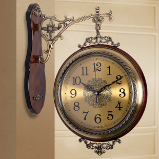 美式实木双面钟表挂钟欧式静音客厅石英钟两面挂表复古创意大时钟
