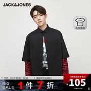 杰克琼斯奥特莱斯秋冬时尚，通勤衬衫男士，韩版假两件格子黑宽松衬衣