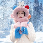 帽子毛绒围巾女冬季可爱呆萌兔，冬天手套三件套连帽一体春围脖保暖