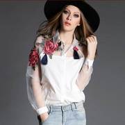 欧根纱高端衬衫2023春夏季刺绣花衬衣网纱重磅气质长袖白衬衫