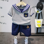 男童短袖夏装，套装20222-3-4-5-6岁宝宝水手服，儿童条纹两件套