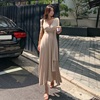 韩国东大门夏季V领低胸系带收腰显身材包臀连衣裙女性感长裙