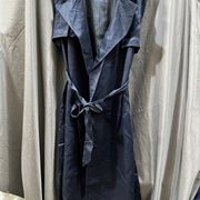 155-2深蓝色无袖外贸日版长款风衣外穿赫本风欧版水波纹淑女风