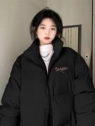 黑色冬季韩系穿搭棉服女款2023加厚保暖中长款立领面包服外套