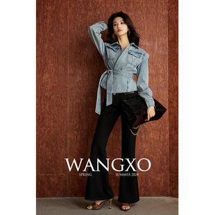 WANGXO丨做旧水洗斜纹牛仔纯棉丨可拆卸本料腰带高腰系带牛仔外套