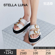 STELLA LUNA女鞋春夏季平底拖鞋牛皮黑白色扣饰勃肯拖凉拖鞋