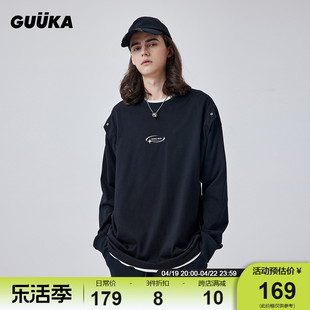 GUUKA TECH机能风假两件黑色重磅长袖T恤男 拼接透气网布上衣宽松