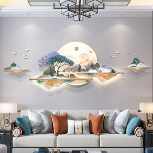 3d立体浮雕客厅装饰画山水，灯光茶室挂画高级感沙发背景墙新中式画