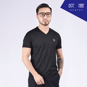 OUHTEU/欧度男士短袖T恤针织V领黑色商务合体版夏季