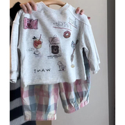 韩国童装女童春秋套装，2024洋气儿童，卡通印花卫衣格子裤子宝宝