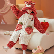 枣红草莓熊女童(熊女童)睡衣秋冬季加厚珊瑚绒睡袍，长款大童公主风家居服冬