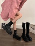 香港小个子切尔西短靴女秋冬2023松糕厚底时尚，复古增高长筒靴