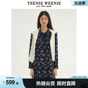 TeenieWeenie小熊2024年柔软雪纺百褶满印衬衫连衣裙气质长裙宽松