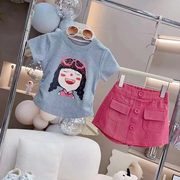 女童套装夏装2024夏季儿童可爱短袖，玫红色裙裤洋气两件套潮