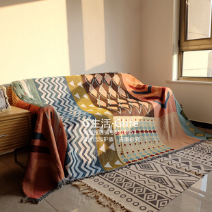 印度土耳其棉麻编织风全包沙发罩巾飘窗垫流苏装饰线毯桌布粗盖布