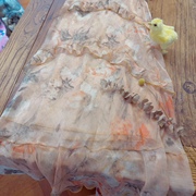 rom2优雅橘色调 水墨染印花 气质度假风荷叶边雪纺吊带连衣裙长裙
