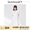 IAmMIX27白色翻领连衣裙女夏季不对称抽绳拼接宽松短袖裙子女