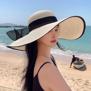 草帽女夏季防晒超大帽檐遮阳帽沙滩海边度假太阳帽子可折叠太阳帽