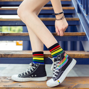 彩虹袜子女中筒袜条纹日系彩色长袜子ins潮韩国运动风夏季短筒袜