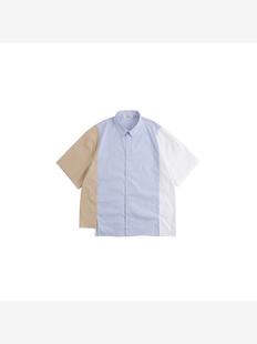 2022夏季日系复古宽松蓝色条纹短袖衬衣男拼接薄款休闲短袖衬衫