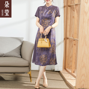 母亲节妈妈夏装洋气质雪纺连衣裙，中老年女中国风短袖旗袍裙40岁50