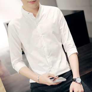 男士7七分袖衬衫薄款韩版修身潮流长袖，休闲发型师白色短袖衬衣男