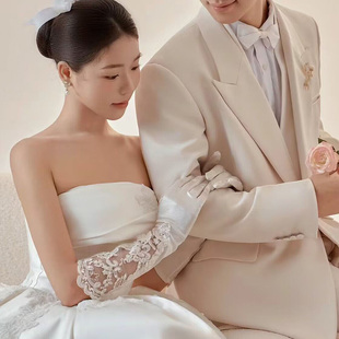 白色新娘婚纱手，套结婚礼服气质缎面蕾丝，长款优雅韩版全指春秋冬季