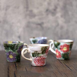 日本进口美浓烧少女心，杯子陶瓷手绘对杯，玫瑰花朵日式茶杯粉引水杯