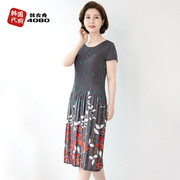 韩国夏季花色中年女装连衣裙短袖褶皱妈妈装裙子圆领薄AOP305001