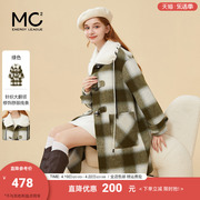 mc2经典格子呢大衣女2023冬装针织领羊毛双面呢外套中长款