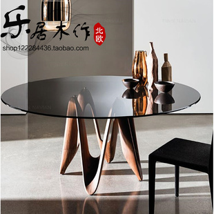 黑胡桃木餐桌现代设计师客厅钢化玻璃圆形餐桌极简约方形艺术饭桌
