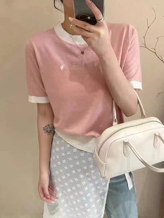 韩版撞色圆领刺绣粉色短袖T恤女夏季百搭冰丝针织衫短款收腰上衣