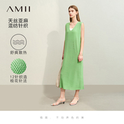 Amii2024夏极简长款V领亚麻莱赛尔天丝混纺针织连衣裙女款