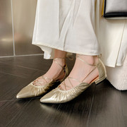 2023真皮系单鞋女鞋子设计尖头皱褶中空平底鞋