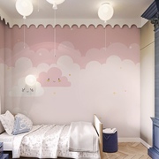 粉色云朵壁纸卡通儿童房，墙布公主房，壁布女孩卧室墙纸背景墙壁画
