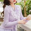 秋季日系长袖甜美蕾丝拼接针织衫女网纱浪漫紫色修身小外套开衫女