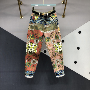 彩色复古印花哈伦裤女欧货2023春季百搭高腰，显瘦萝卜牛仔长裤