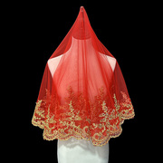 红色头纱新娘结婚礼服秀禾服红盖头中式复古风短款蕾丝拍照纱