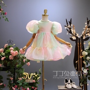 欧美女童装夏季超仙公主泡泡袖蓬蓬裙韩版女孩网纱连衣裙表演礼服