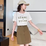 夏季套装女韩版时尚个性辣妹风镂空T恤字母印花上下包臀裙套