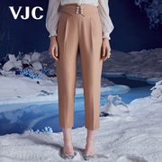 VJC/威杰思秋季女装卡其西装裤修身高腰烟管裤气质通勤