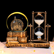 发光水晶球水球计时器，复古装饰品音乐盒创意摆件桌面铁塔