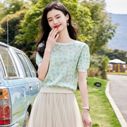 时尚短袖圆领针织衫2023年夏季淑女，温柔甜美显瘦通勤上衣